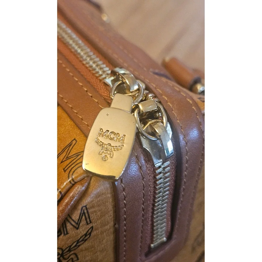 MCM Visetos Boston Bag Cognac Monogram Satchel Gold Hardware C5607